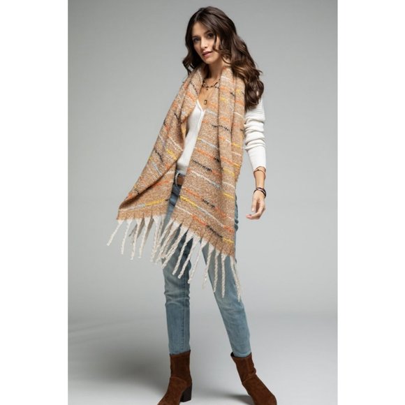 NEW Colorful Stitch with Metallic Glitz Soft Fringe Tassel Oblong Scarf Beige - Picture 4 of 8